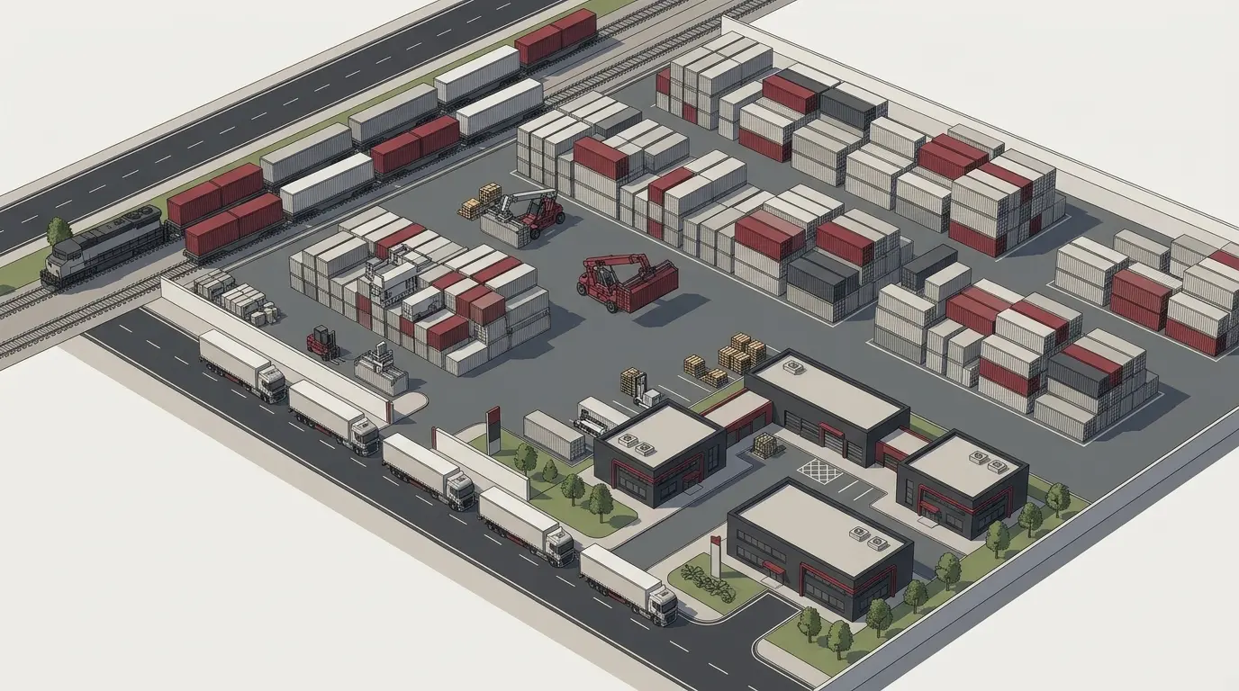Isometrische Darstellung des BEKLOG-Areals mit Containerlager, Gleisanschluss und Lkw-Kolonne vor der Abfahrt.
