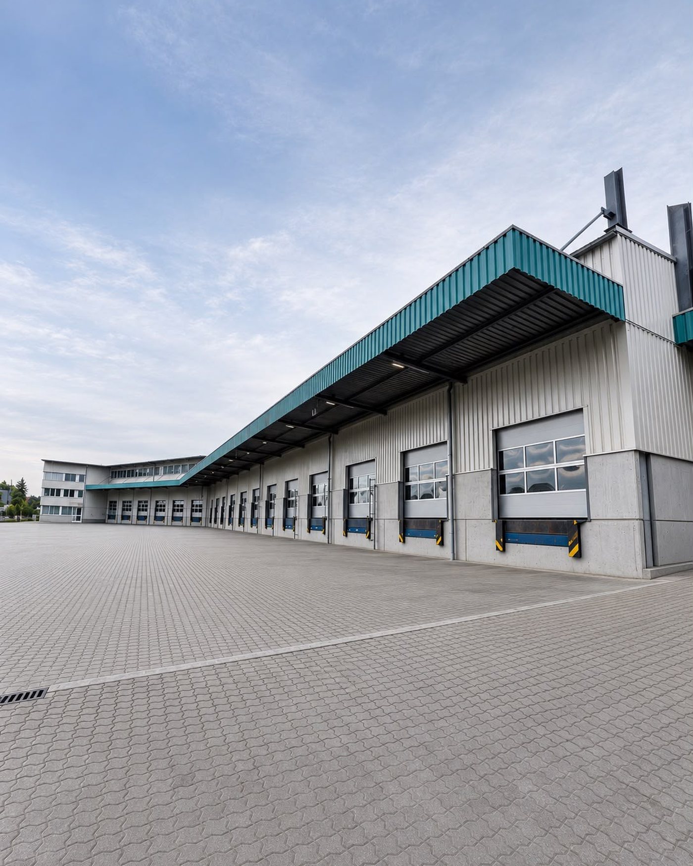Umschlaganlage der BEKLOG Logistics GmbH in Affing bei Augsburg mit durchgehender Rampenfront für Sattelzüge.